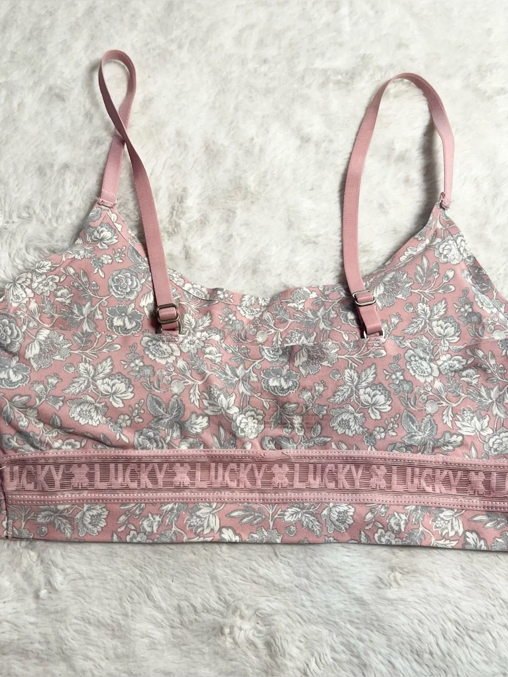Lucky Brand Pink & Gray Floral Logo Band Bralette Size Medium Wireless Comfort